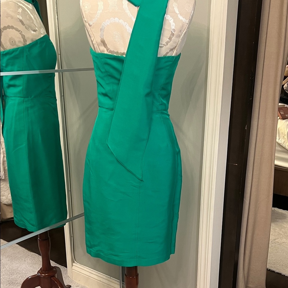 Vintage Jenny Yoo Emerald Green Midi Dress with Lace Yoke and Cowl Neck - Picture 3 of 6
